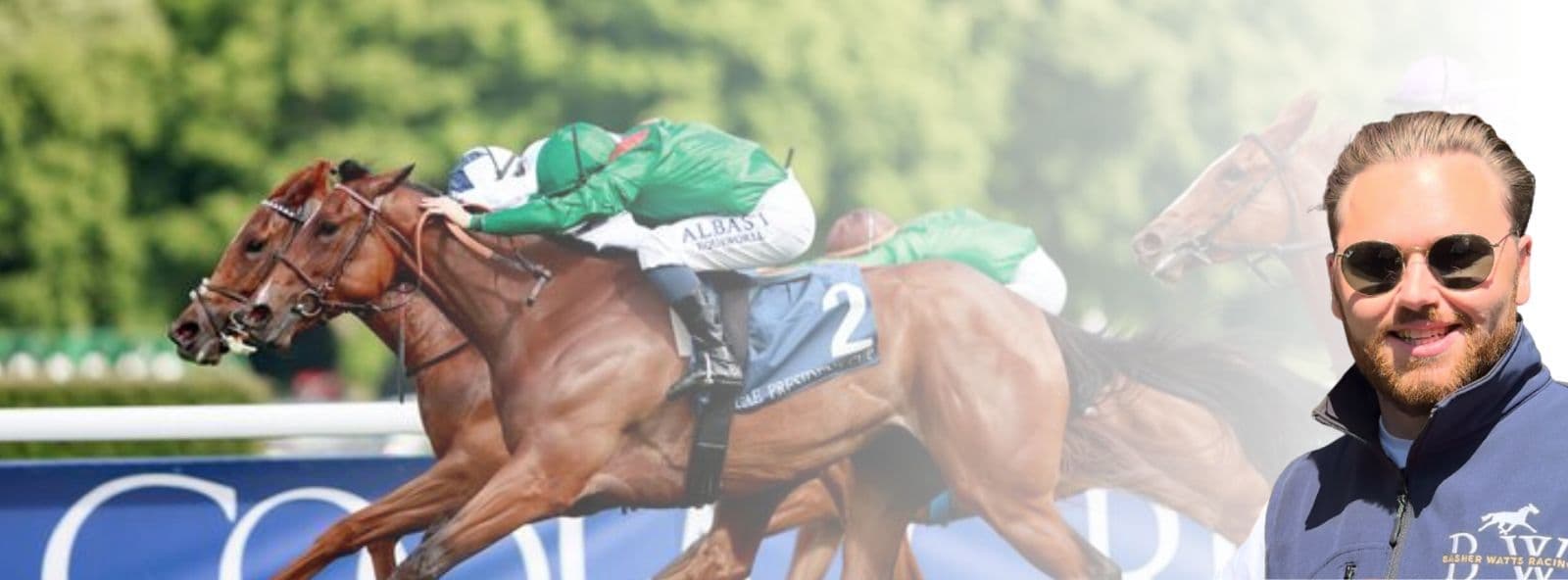 Image of horses racing as well as an image of Basher Watts